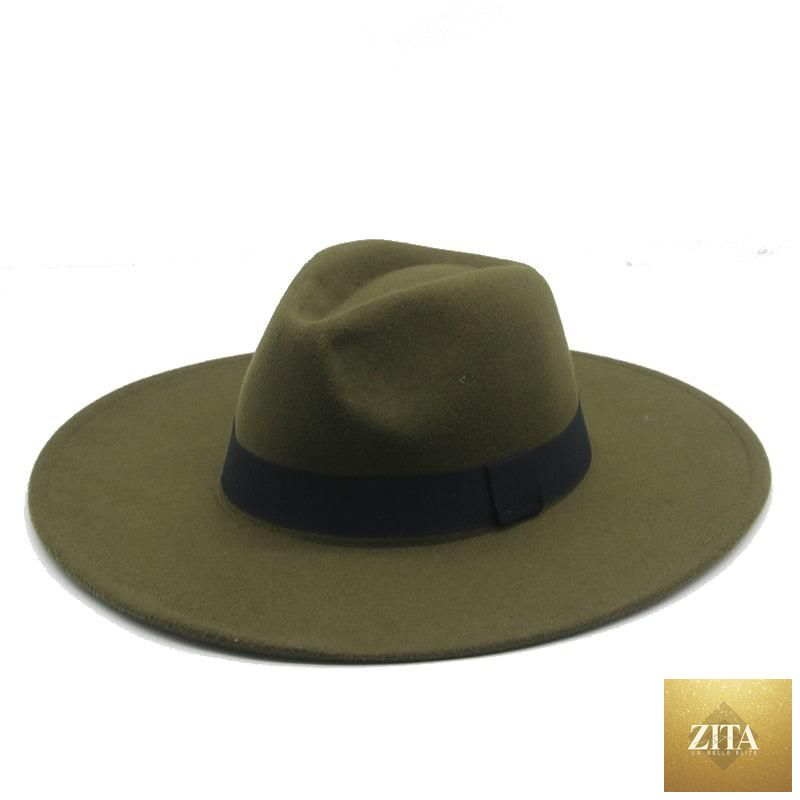 Elegant women's fedora hat with wide brim, retro style, featuring a belt, suitable for weddings and casual wear, size 56-58cm.