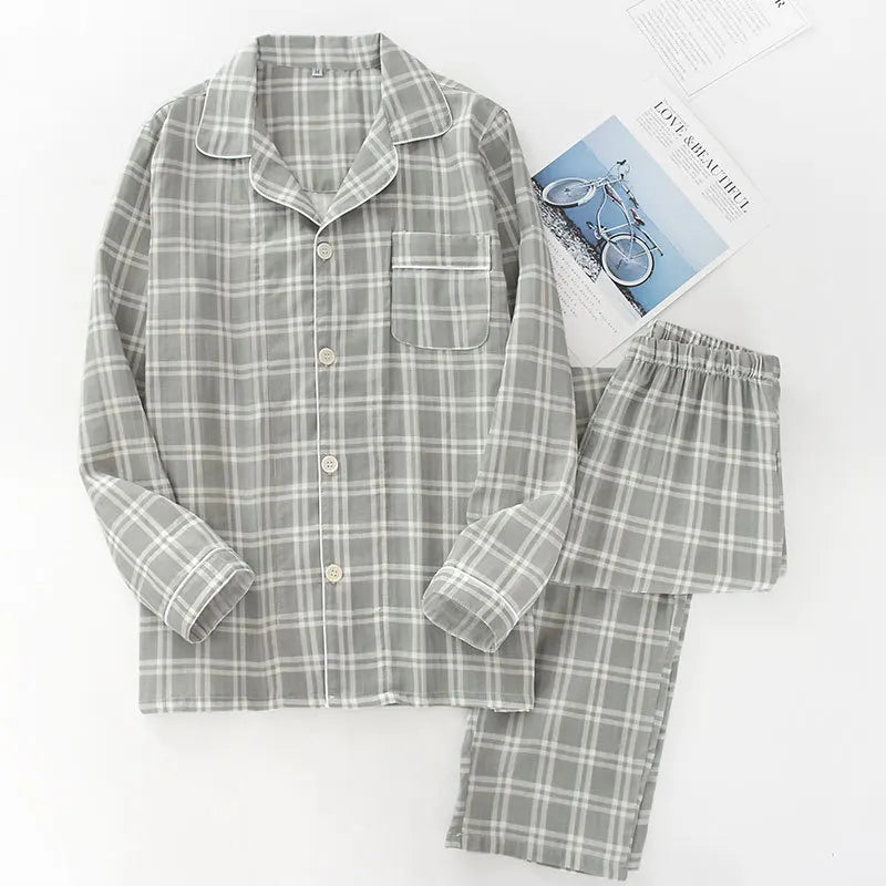Spring and autumn mens pajamas long-sleeved trousers cotton double gauze lattice large size