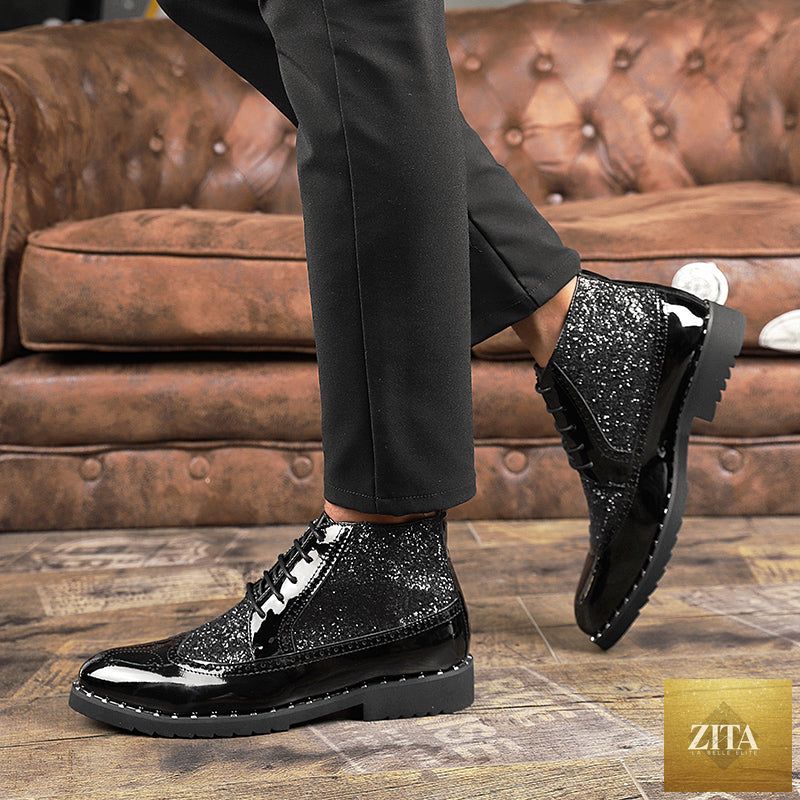 Men's gold wedding dress shoes by DonJohnByVictoriaCharles, stylish formal footwear with a polished finish and classic design.