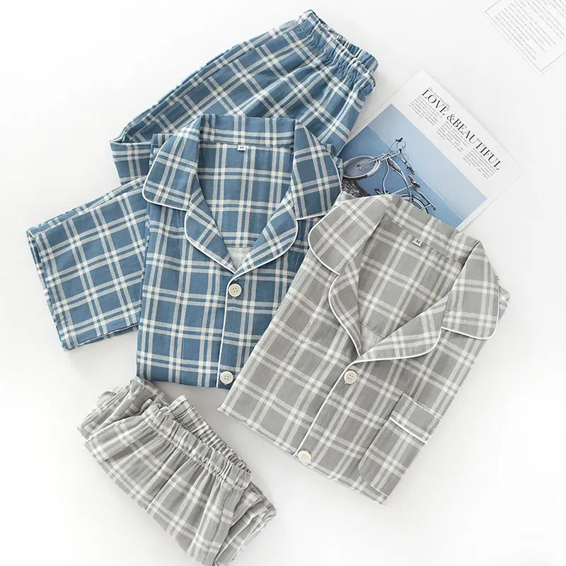 Spring and autumn mens pajamas long-sleeved trousers cotton double gauze lattice large size