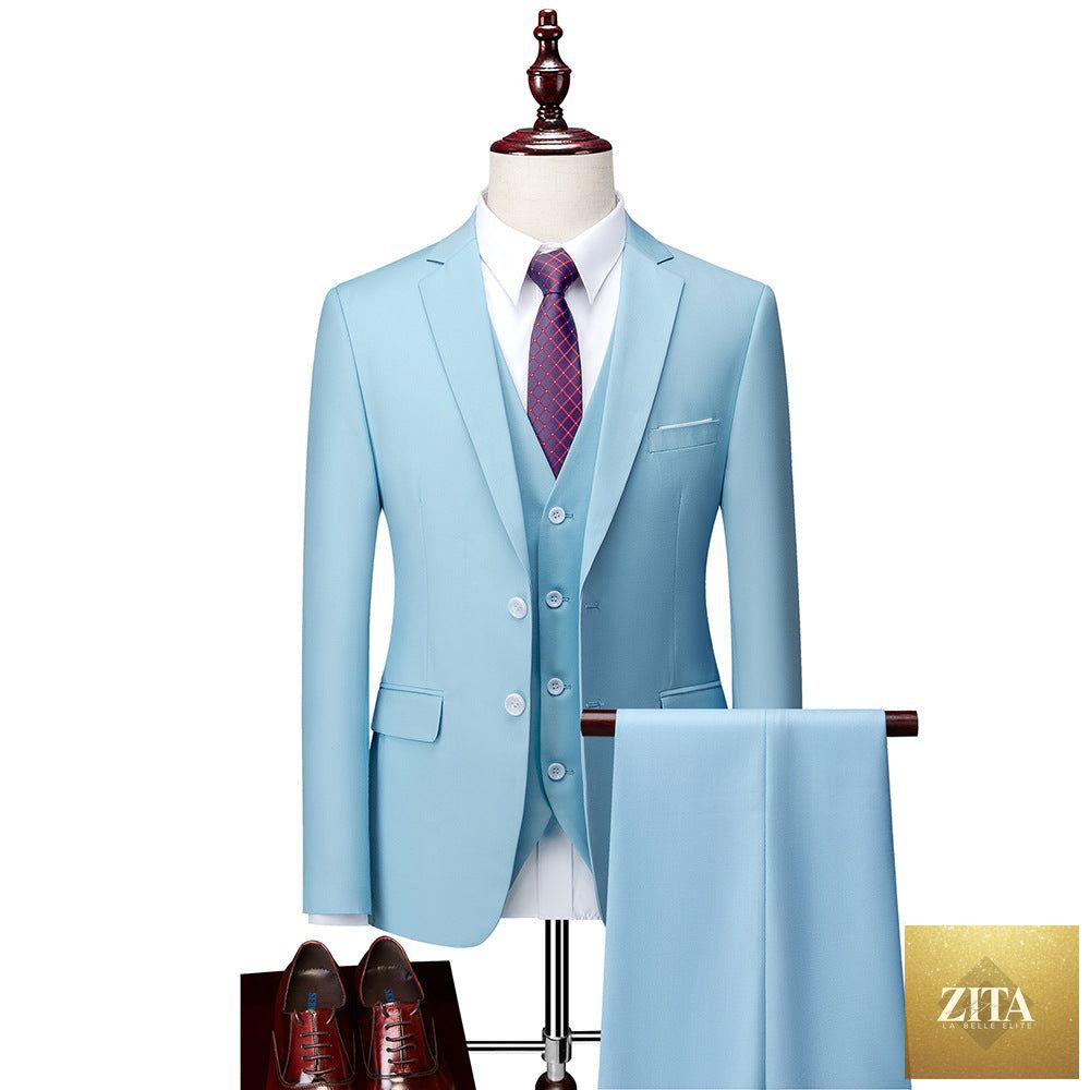 Zita La Belle Elite men's 3-piece suit with jacket, pants, and vest, formal business attire in classic dark fabric.