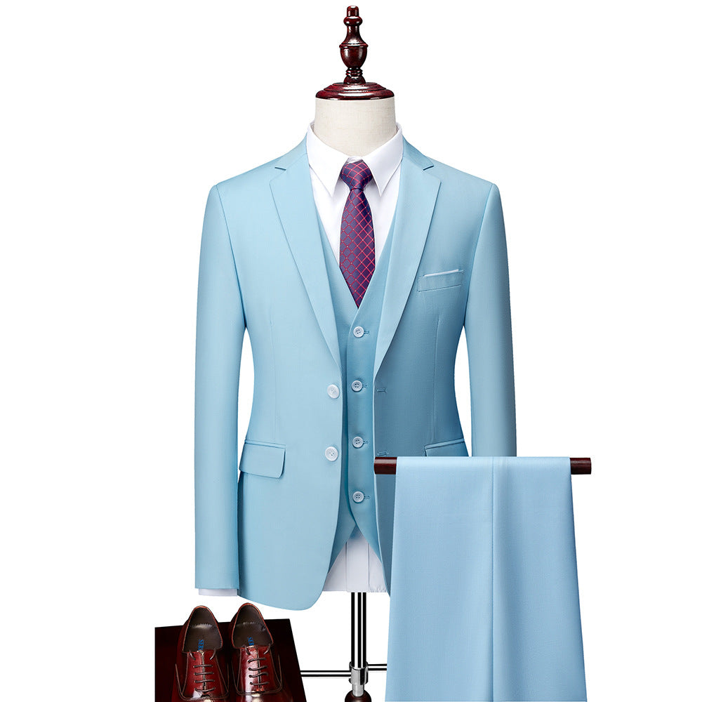 Donjohnbyvictoriacharles men's 3-piece suit jacket, pants, and vest set in formal business style, shown on a hanger.