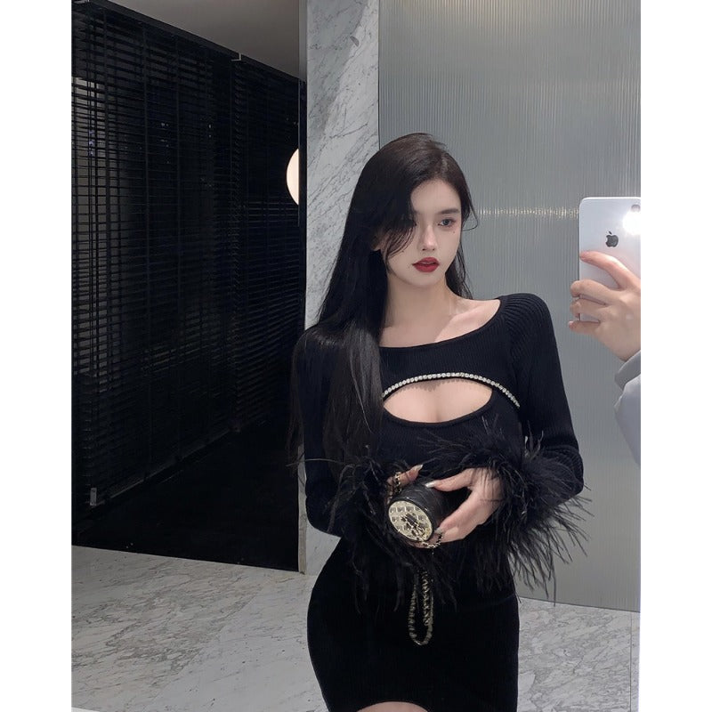 Black party dress with ostrich feather details from donjohnbyvictoriacharles, featuring elegant fabric and stylish design.