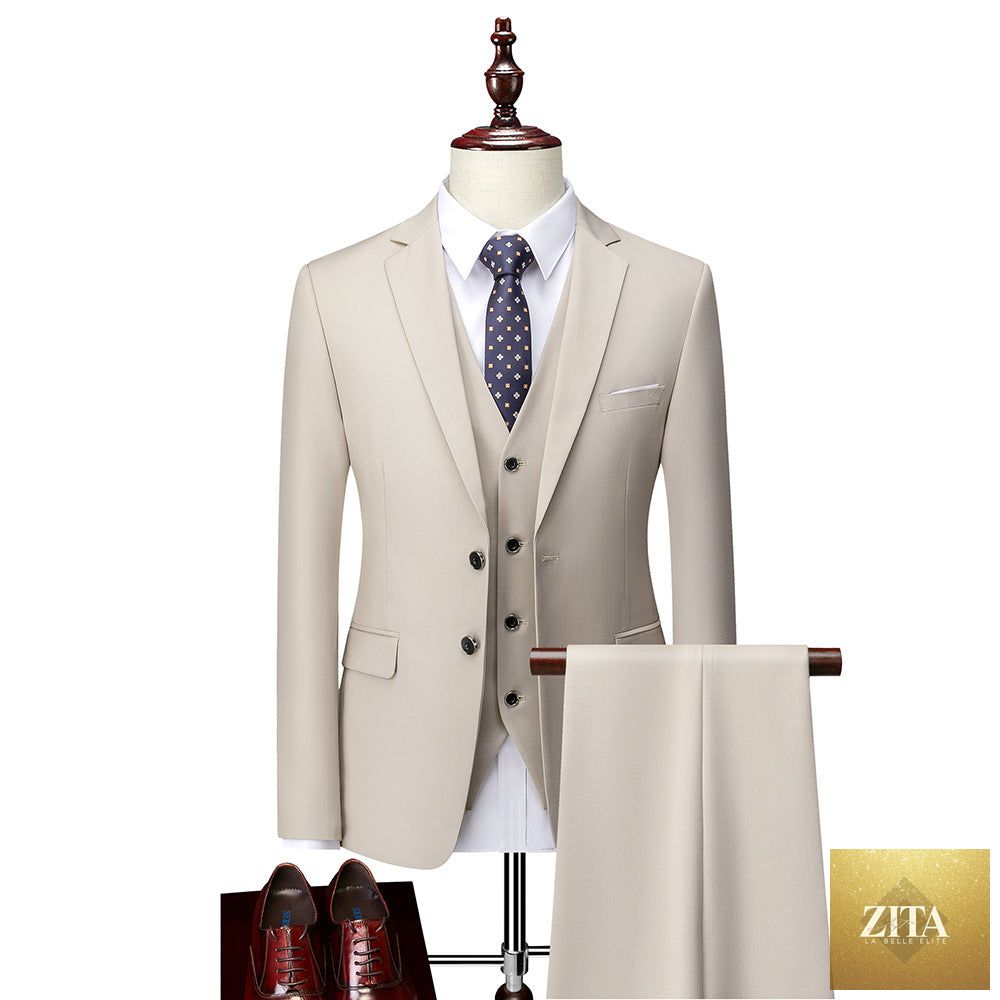 Zita La Belle Elite men's 3-piece suit with jacket, pants, and vest in formal business style, shown on a model.