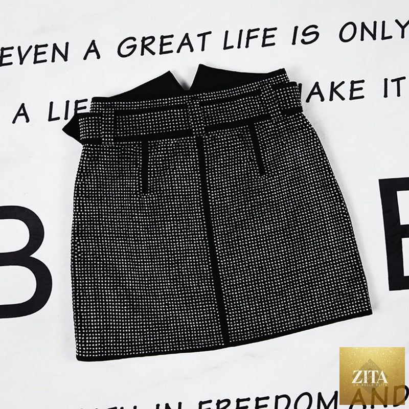 Black sheepskin skirt with rhinestones for women by Zita La Belle Elite, featuring a stylish and luxurious design.