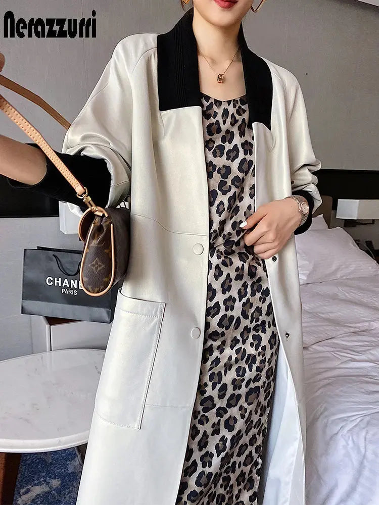 Nerazzurri Spring Autumn Loose Long Leather Trench Coat for Women with V Neck Raglan Sleeve Pockets Luxury Designer Clothes 2022 ZITA LA BELLE ÉLITE
