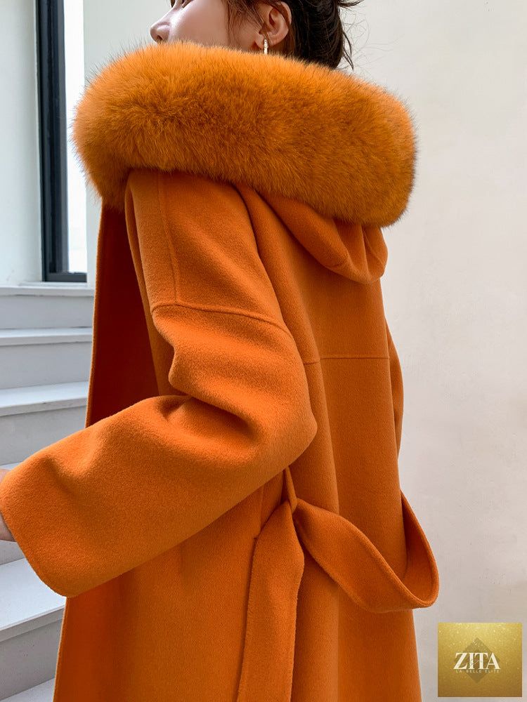 Women's cashmere coat by Zita La Belle Elite featuring a luxurious fox fur collar, stylish and warm for winter wear.