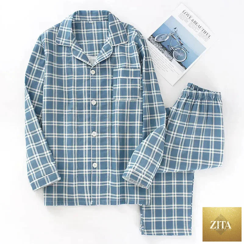 Men's long-sleeved cotton sleep pajamas set with lattice pattern, suitable for spring and autumn, in large size from SMinvite.