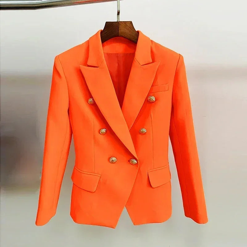 Femstylo women's leather blazer jacket with double-breasted design, metal lion buttons, size S to 5XL, stylish outerwear for women.