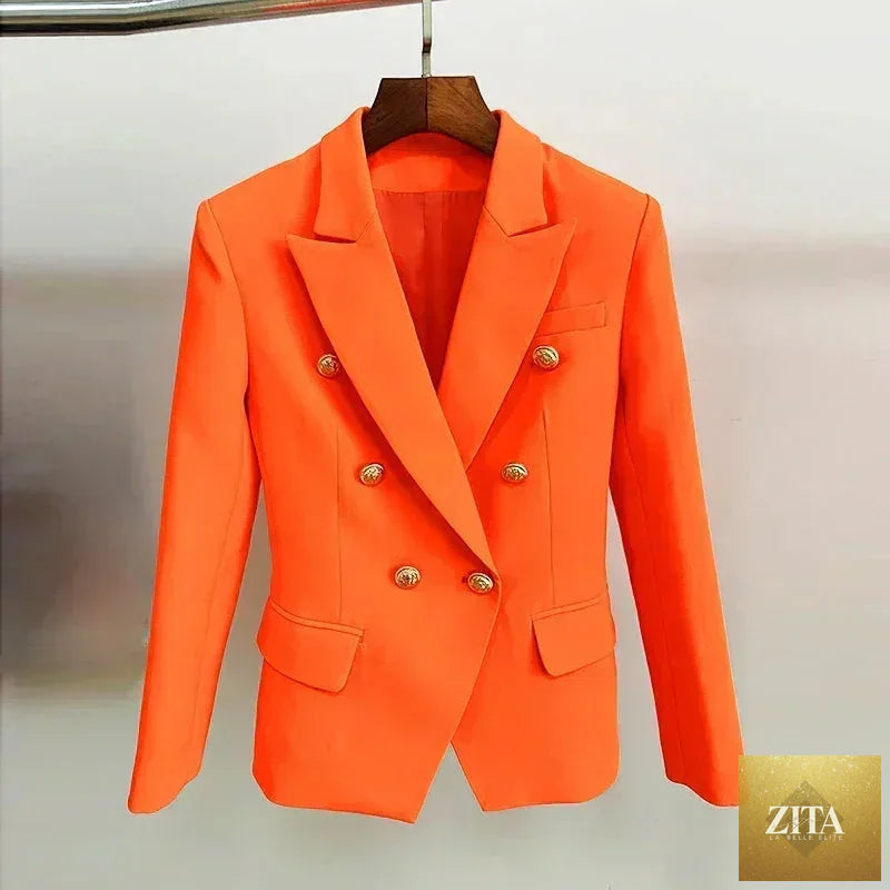 Femstylo women's leather blazer jacket with double-breasted design, metal lion buttons, size S to 5XL, stylish outerwear for women.