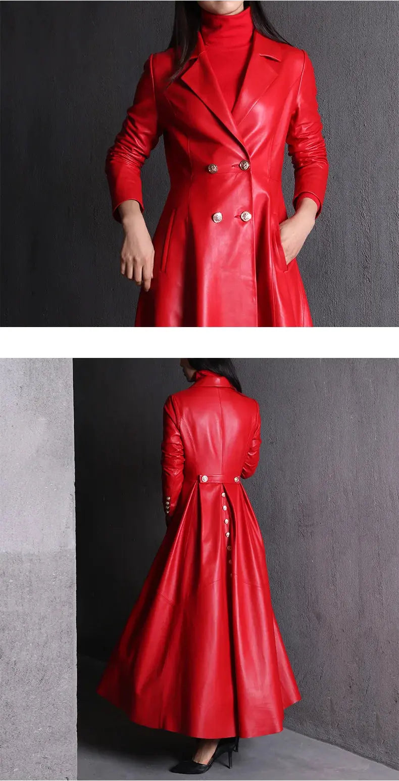 Lautaro Autumn Long Skirted Red Black Faux Leather Trench Coat for Women Double Breasted Elegant Luxury Fashion 4xl 5xl 6xl 7xl ZITA LA BELLE ÉLITE