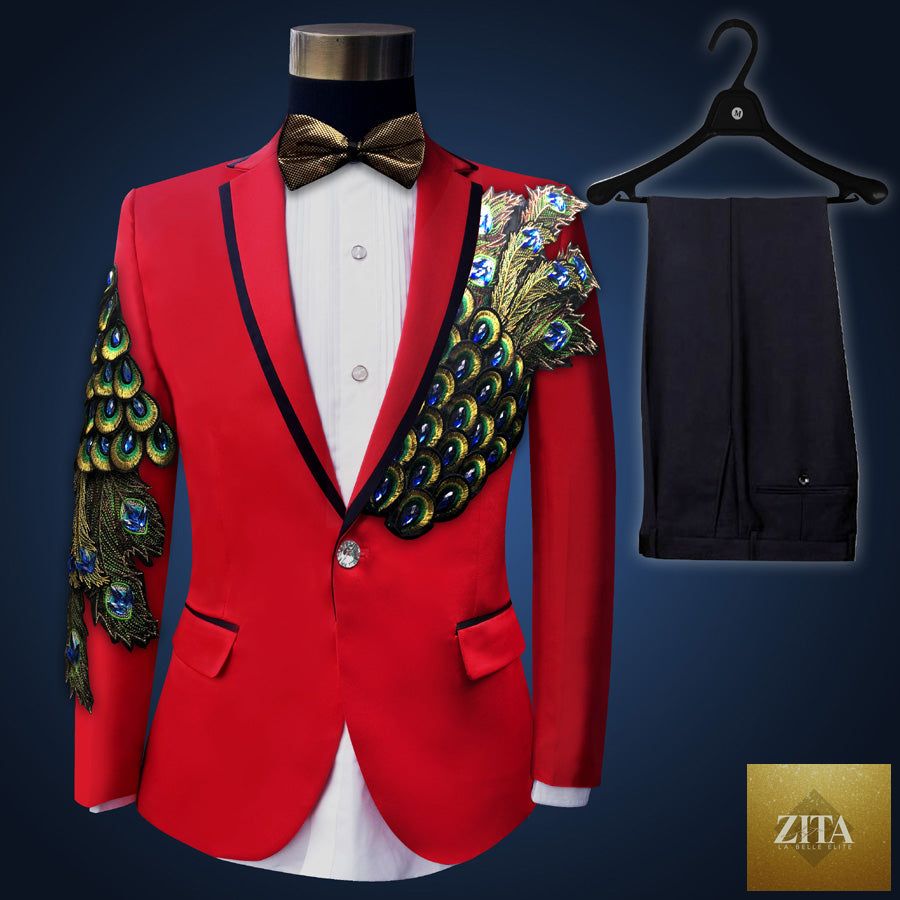 Blue embroidered slim fit men's blazer from donjohnbyvictoriacharles, part of a 4-piece suit set, shown in HD image.