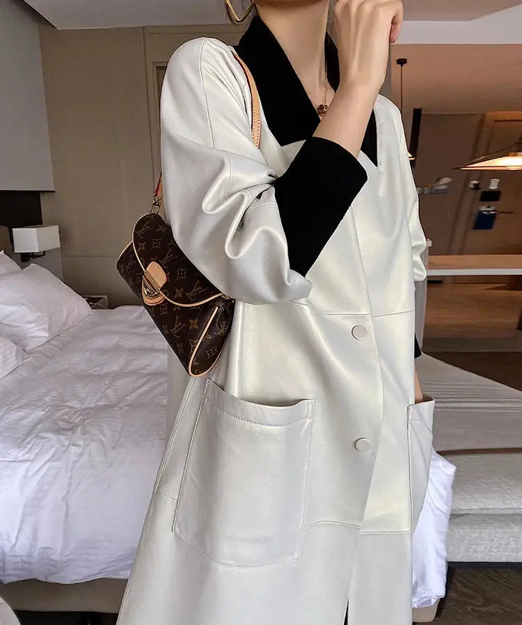Nerazzurri Spring Autumn Loose Long Leather Trench Coat for Women with V Neck Raglan Sleeve Pockets Luxury Designer Clothes 2022 ZITA LA BELLE ÉLITE