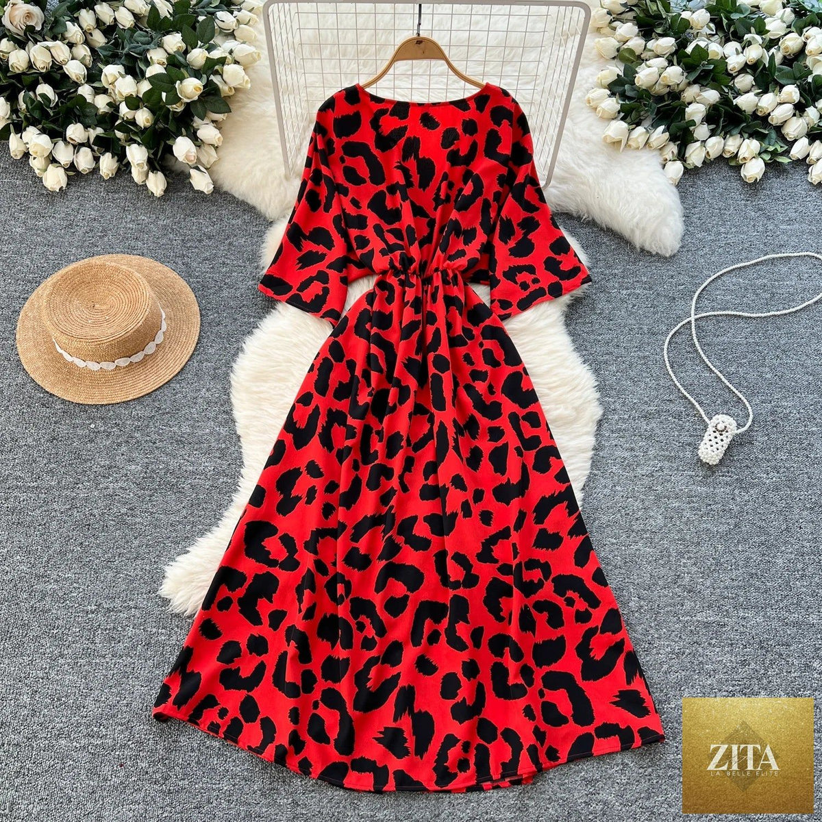 HD image of Trendy Attic Store01 women's V-neck tunic slim casual midi dress, showcasing its relaxed fit and stylish design.