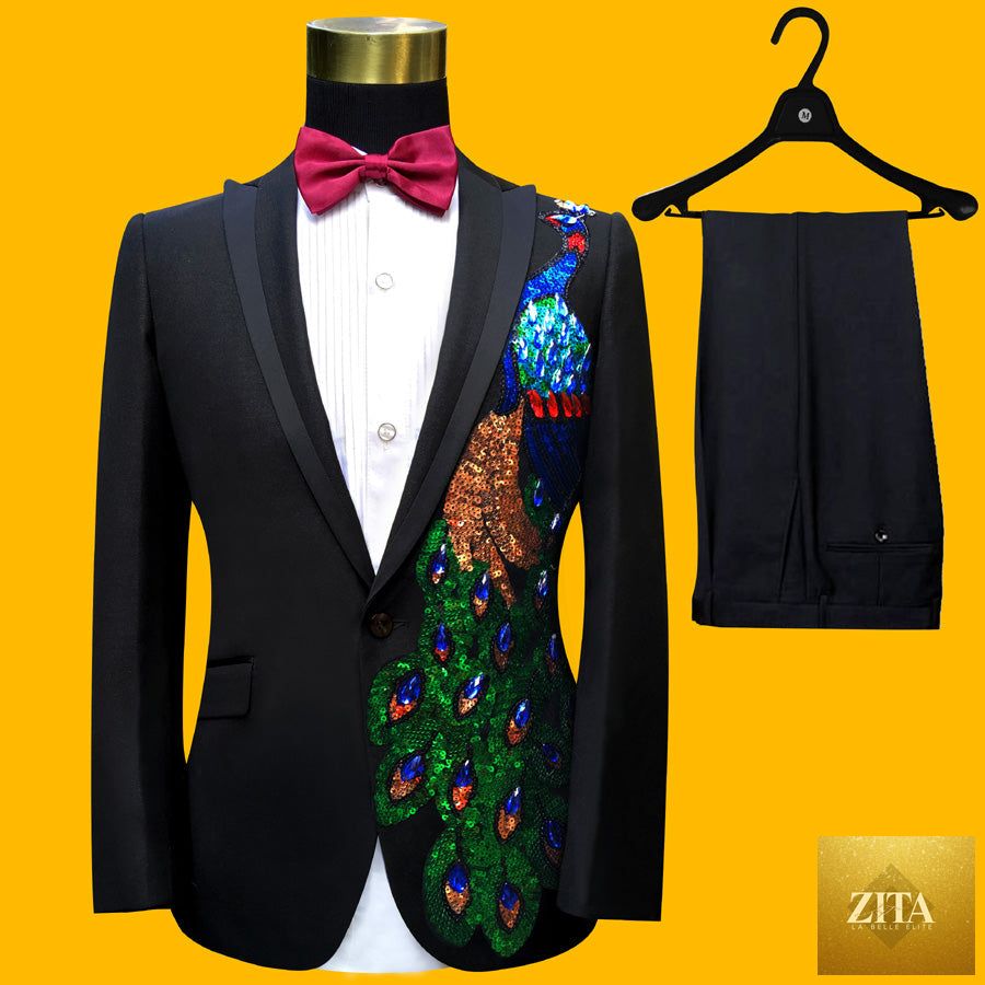 Blue embroidered slim fit blazer from donjohnbyvictoriacharles, part of a 4-piece men's suit set, shown with detailed embroidery.