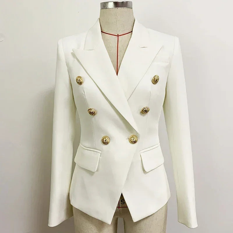 Women’s leather blazer by Femstylo featuring double-breasted style, metal lion buttons, in size S to 5XL, high-quality fashion jacket.