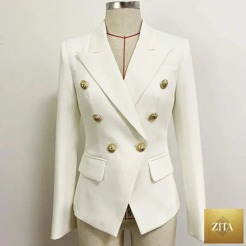 Women’s leather blazer by Femstylo featuring double-breasted style, metal lion buttons, in size S to 5XL, high-quality fashion jacket.