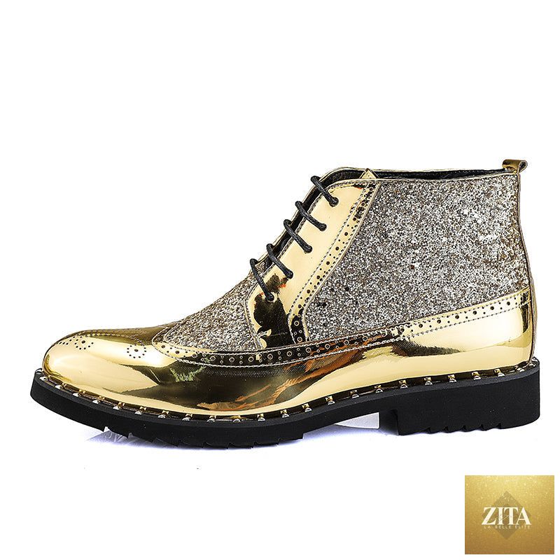 Men's gold wedding dress shoes by donjohnbyvictoriacharles, elegant formal footwear with a polished finish and classic design.