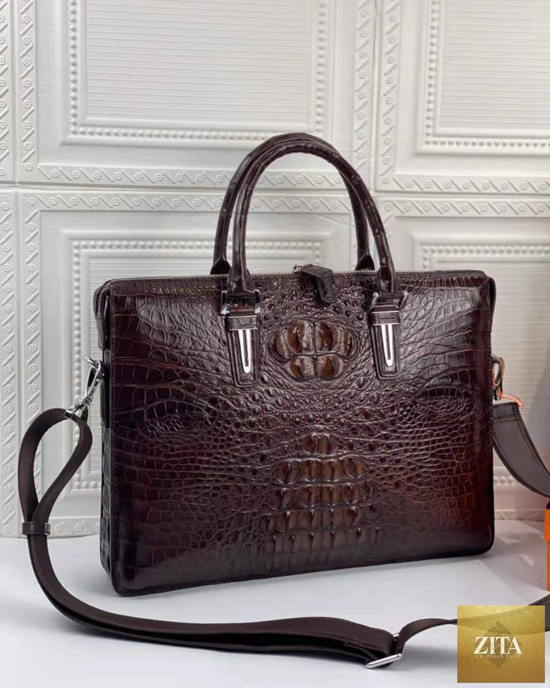 Luxury crocodile leather laptop messenger bag for men by Zita La Belle Elite, showcasing the stylish, textured design.
