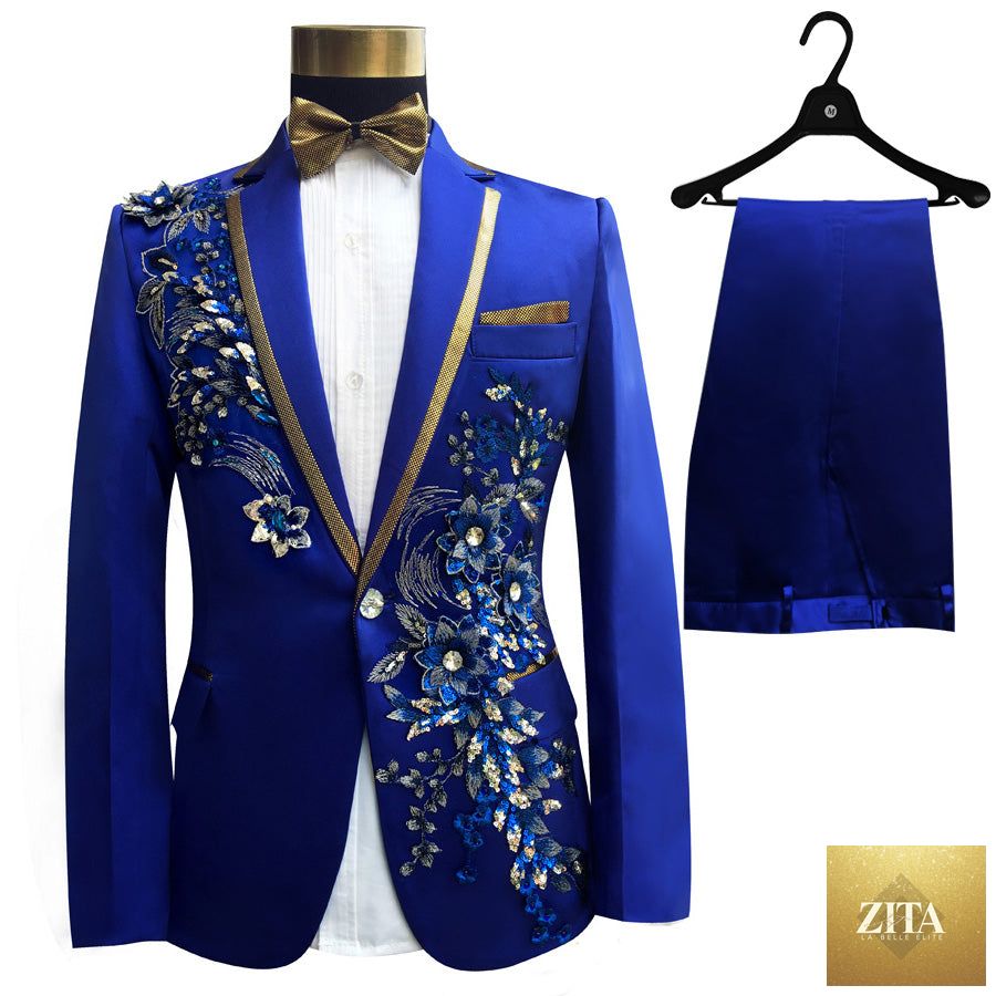 Blue embroidered slim fit men's blazer suit with four pieces, stylish and tailored from donjohnbyvictoriacharles.