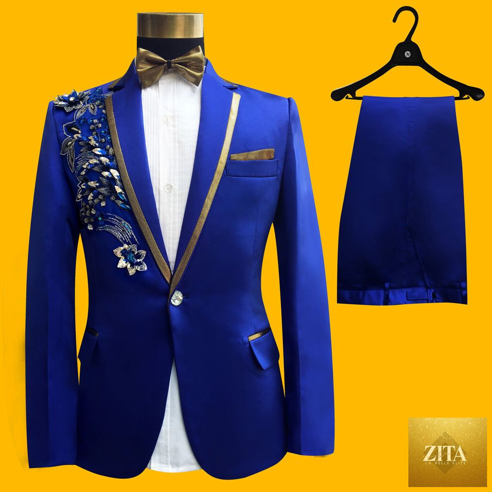 Blue embroidered slim fit men's blazer from donjohnbyvictoriacharles, part of a 4-piece suit, shown with tailored lapels and detailed embroidery.