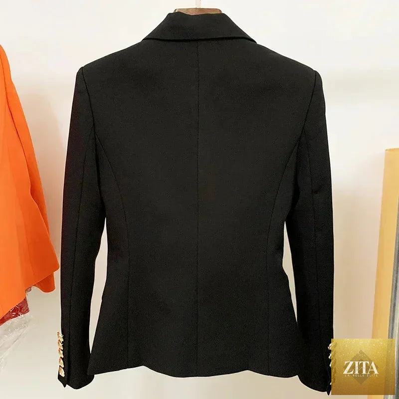 Women's leather blazer by Femstylo featuring double-breasted design, metal lion buttons, available in sizes S to 5XL.