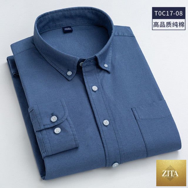 Men's white button-down collar shirt by Zita La Belle Elite, made from 100% cotton, displayed on a hanger.