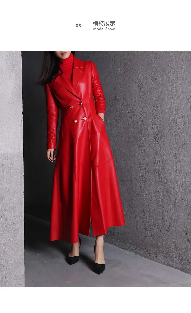 Lautaro Autumn Long Skirted Red Black Faux Leather Trench Coat for Women Double Breasted Elegant Luxury Fashion 4xl 5xl 6xl 7xl ZITA LA BELLE ÉLITE