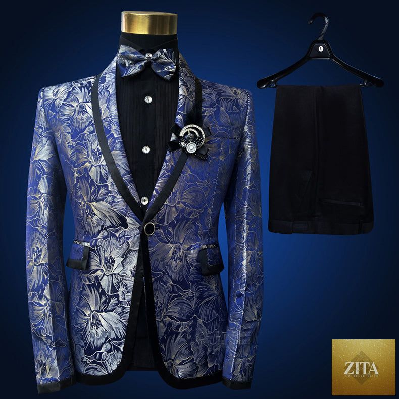 Blue embroidered slim fit men's blazer suit with four pieces, featuring detailed embroidery and tailored design by donjohnbyvictoriacharles