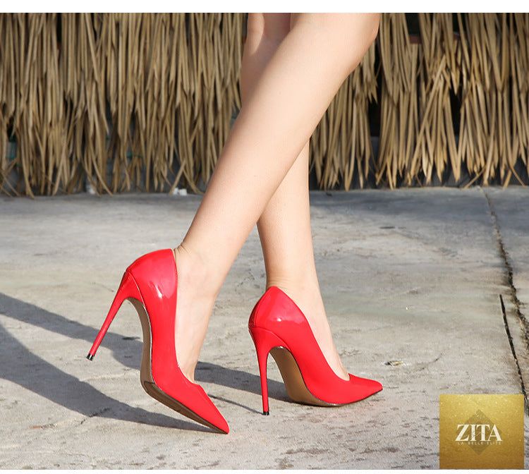 DonjohnbyVictoriaCharles patent leather pointed stiletto high heels for women, sleek and stylish shoe design.
