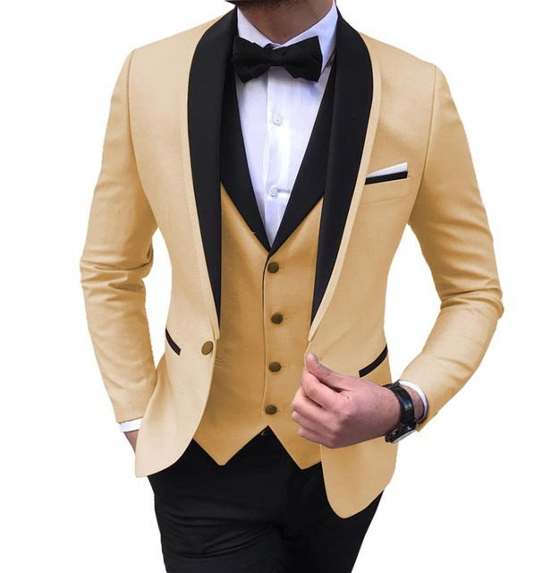 Slim fit men's wedding suit set by donjohnbyvictoriacharles, includes jacket, trousers, and vest in a classic formal style.