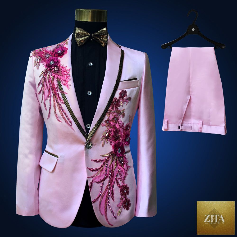 Blue embroidered slim fit men's blazer suit with matching pants and vest, stylish and tailored for a modern look.