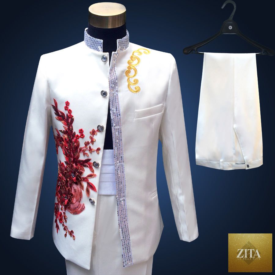 Blue embroidered slim fit men's blazer from donjohnbyvictoriacharles, part of a 4-piece suit set, shown on a mannequin.