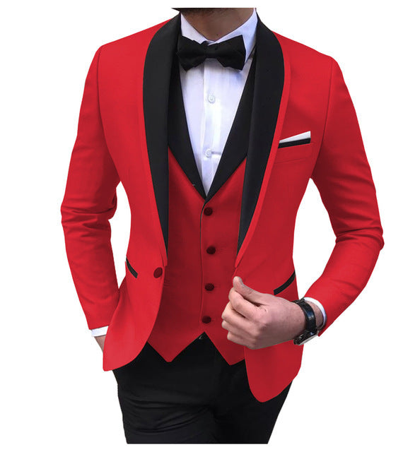 Slim fit men's wedding suit set by donjohnbyvictoriacharles, includes three pieces: jacket, trousers, and vest for formal occasions.