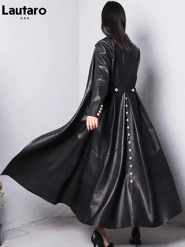 Lautaro Autumn Long Skirted Red Black Faux Leather Trench Coat for Women Double Breasted Elegant Luxury Fashion 4xl 5xl 6xl 7xl ZITA LA BELLE ÉLITE
