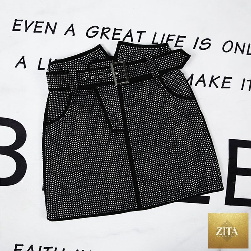 Black sheepskin skirt with rhinestones for women, stylish Zita La Belle Elite fashion piece, shown from the front.