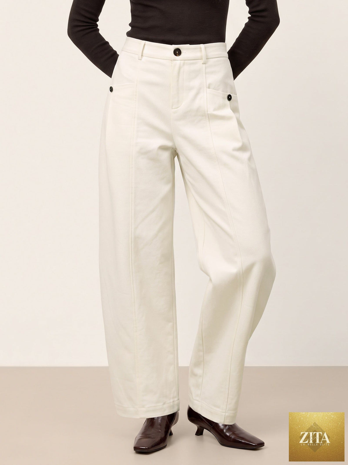 Cotton Mid Waist Curved Leg Pants LORENA