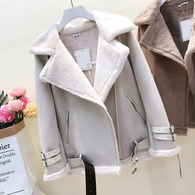 Women's lamb wool and thick suede leather motorcycle winter jacket with collar and zipper detail, stylish and warm for cold weather.