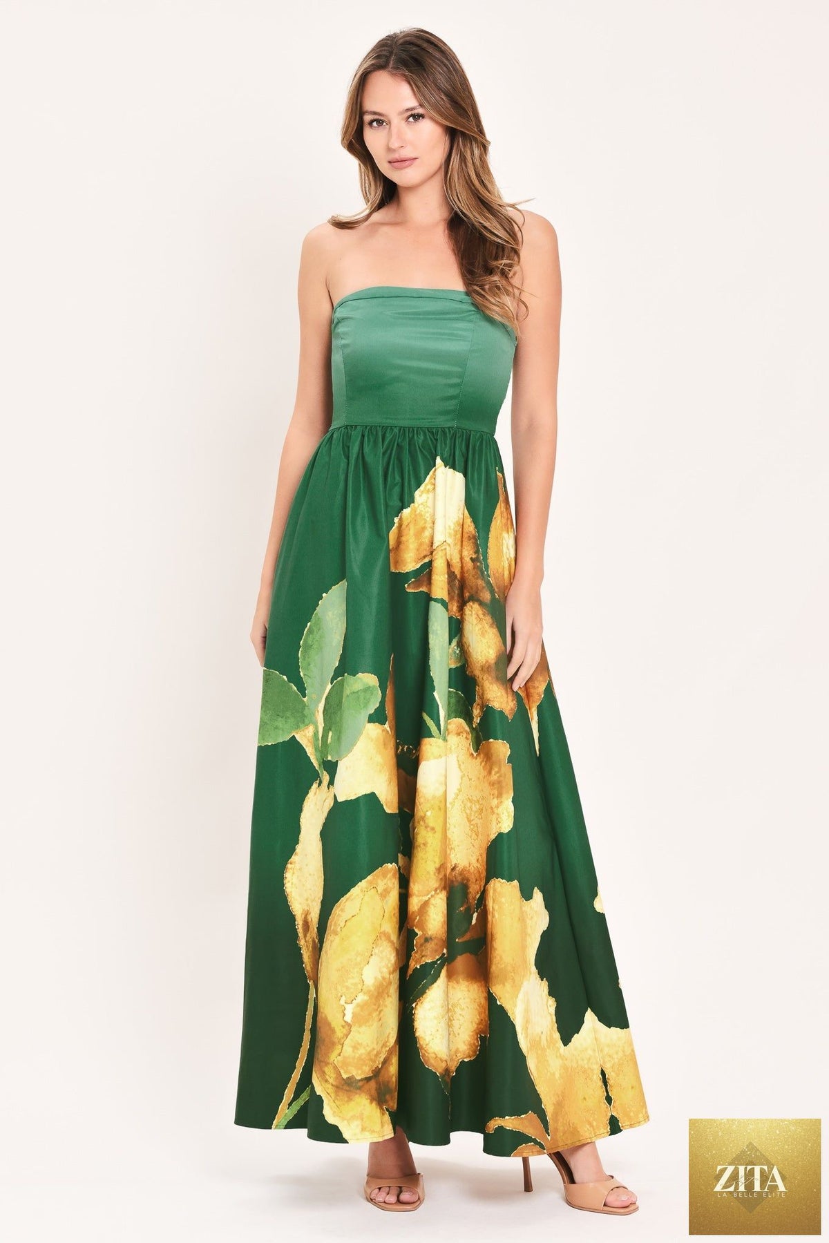 Flying Tomato Golden Rose Afterglow woven maxi dress in green, featuring a flowy, lightweight fabric with a relaxed fit.