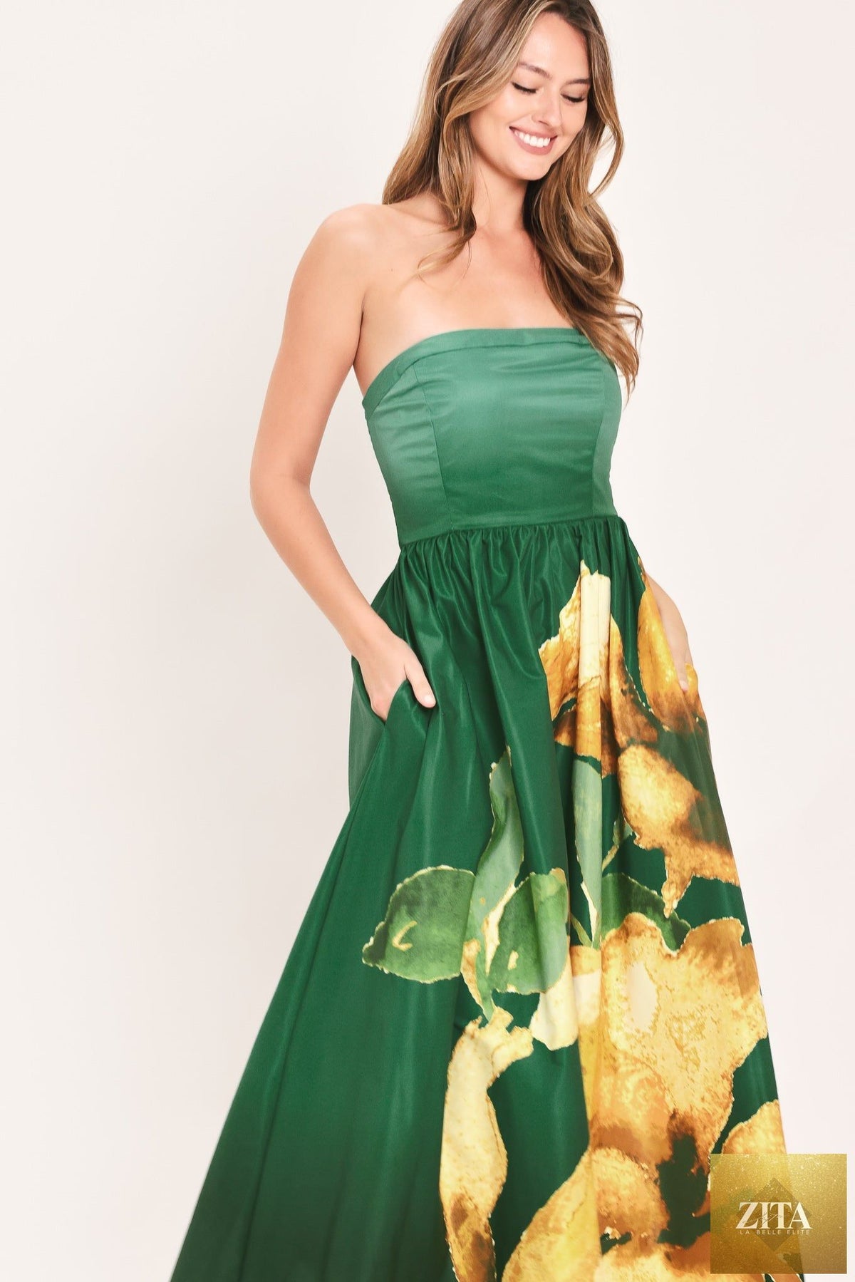 Flying Tomato Golden Rose Afterglow woven maxi dress in green with a flowing, lightweight fabric and intricate woven design.