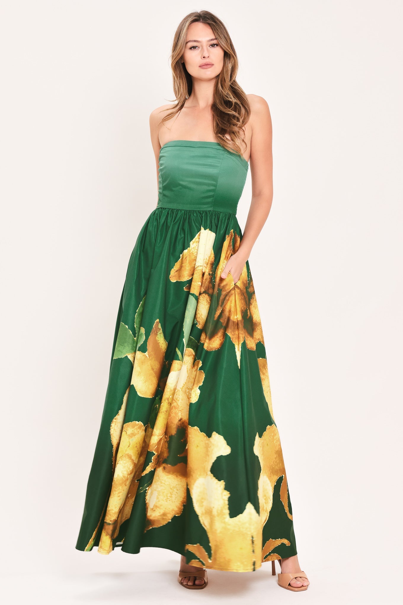 Flying Tomato Golden Rose Afterglow woven maxi dress in vibrant green, flowing fabric with a relaxed, elegant silhouette.