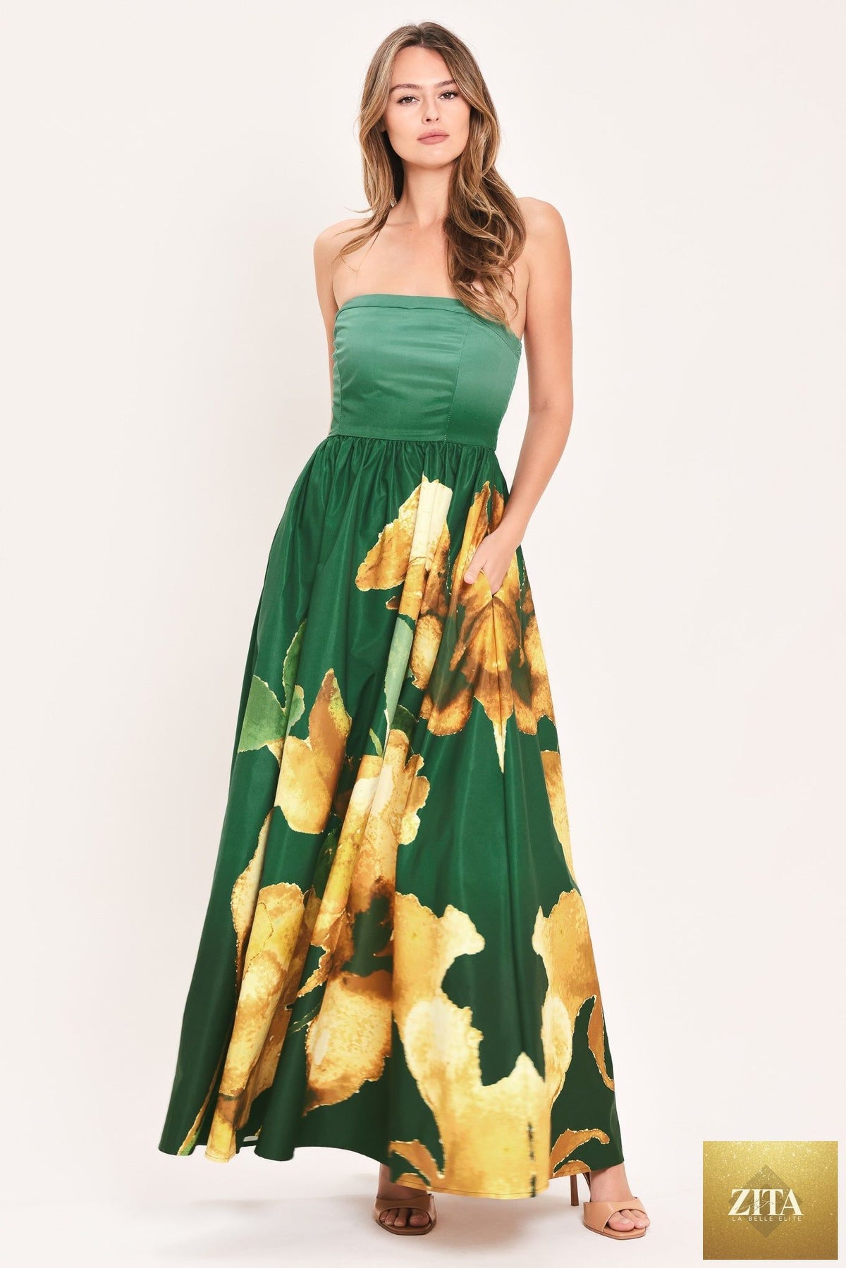 Flying Tomato Golden Rose Afterglow woven maxi dress in vibrant green, flowing fabric with a relaxed, elegant silhouette.