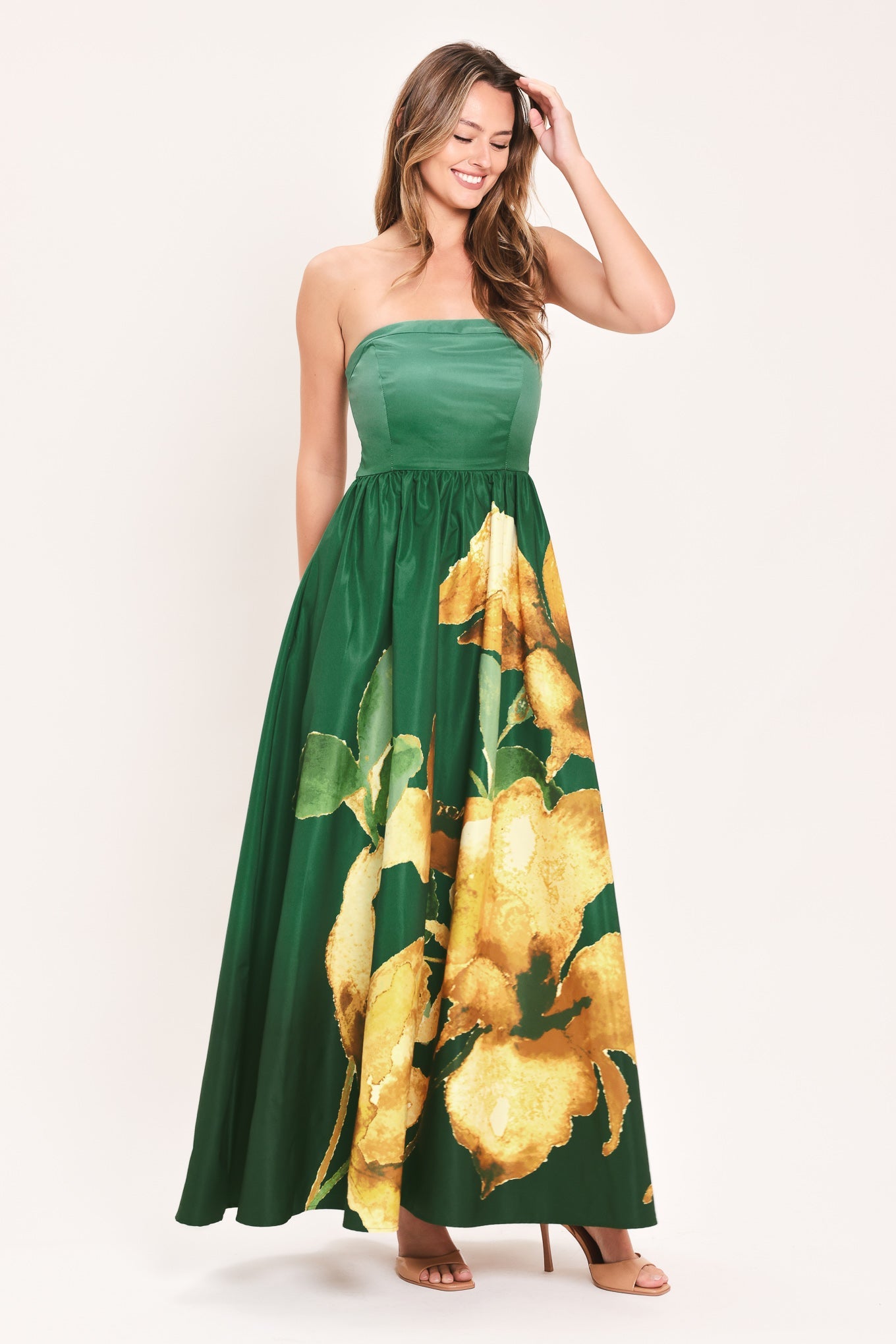 Flying Tomato Golden Rose Afterglow woven maxi dress in vibrant green, flowing fabric with a relaxed, elegant design.