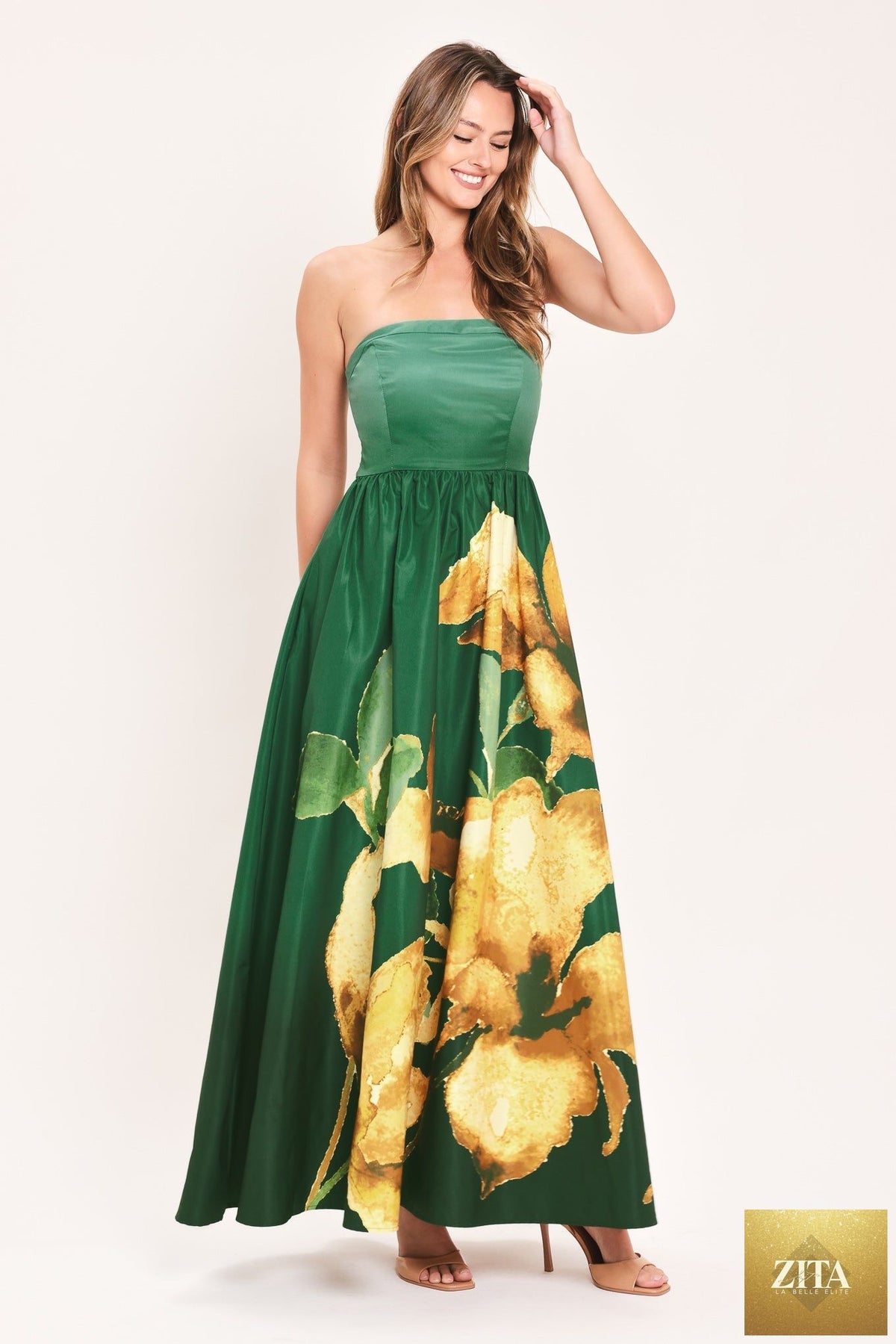 Flying Tomato Golden Rose Afterglow woven maxi dress in vibrant green, flowing fabric with a relaxed, elegant fit.