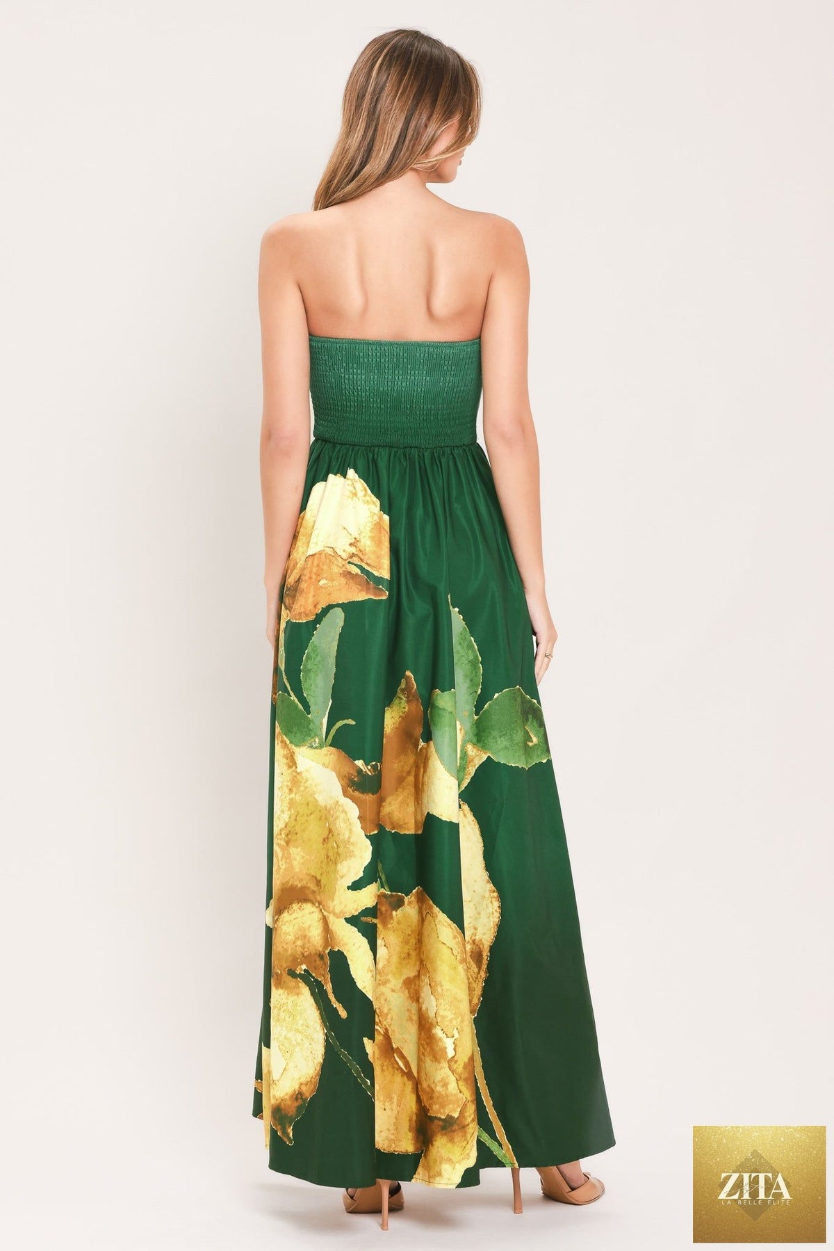 Flying Tomato Golden Rose Afterglow woven maxi dress in green, featuring a flowing fabric and stylish design.