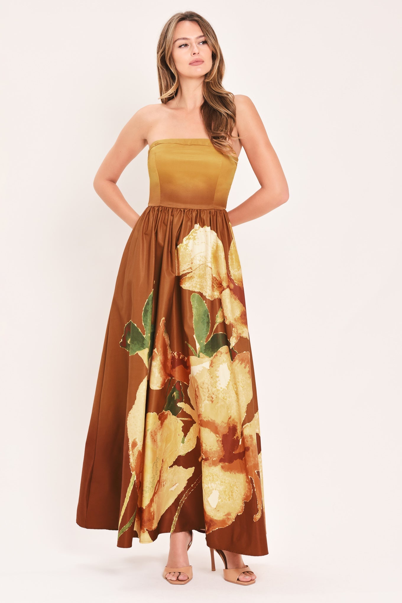 Rust-colored Golden Rose Afterglow woven maxi dress by Flying Tomato, flowing fabric with a relaxed, elegant silhouette.