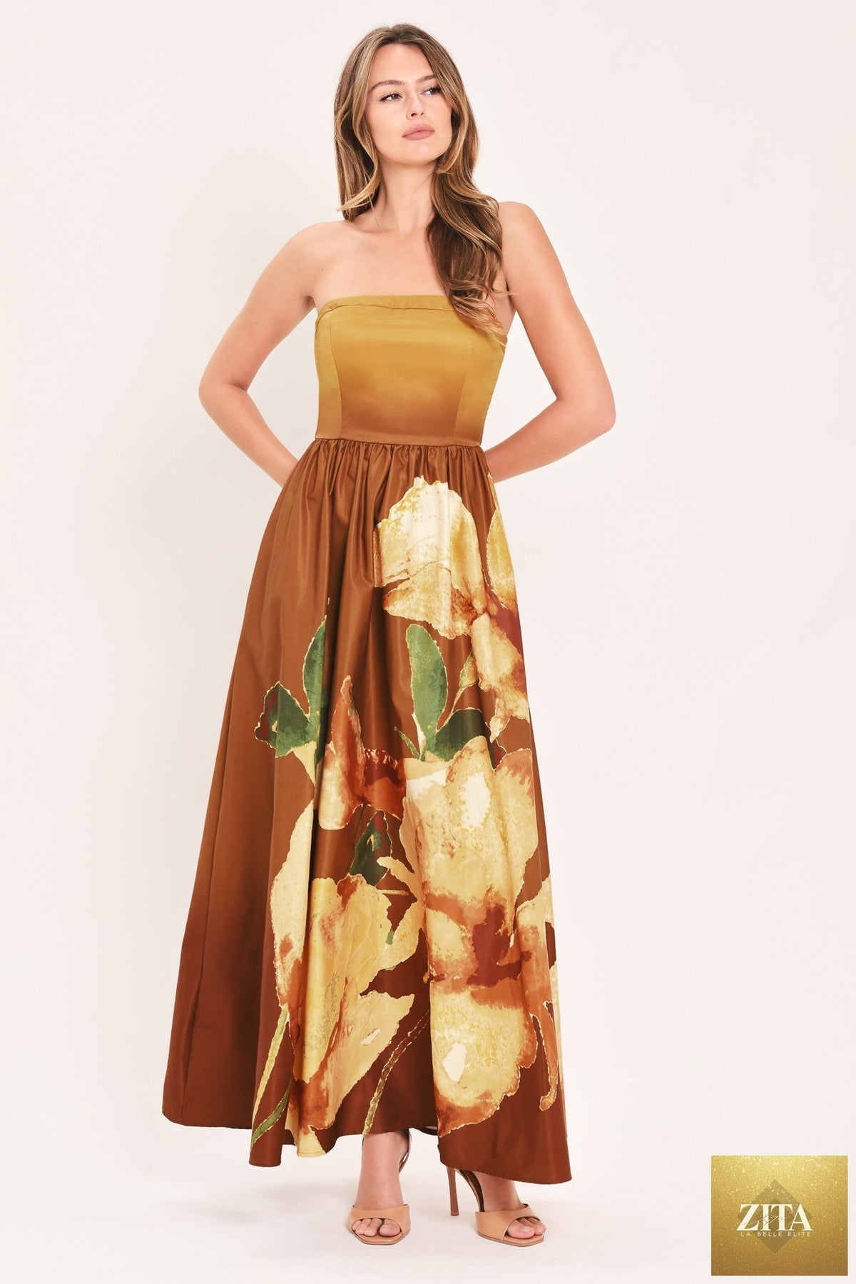 Rust-colored Golden Rose Afterglow Woven Maxi Dress by Flying Tomato, featuring a flowing, textured fabric and elegant, relaxed fit.