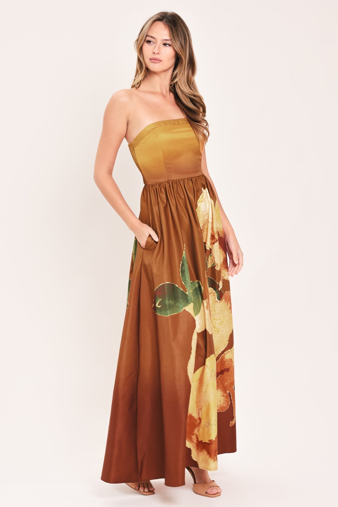 Flying Tomato Golden Rose Afterglow woven maxi dress in rust color, flowing fabric, and stylish design.