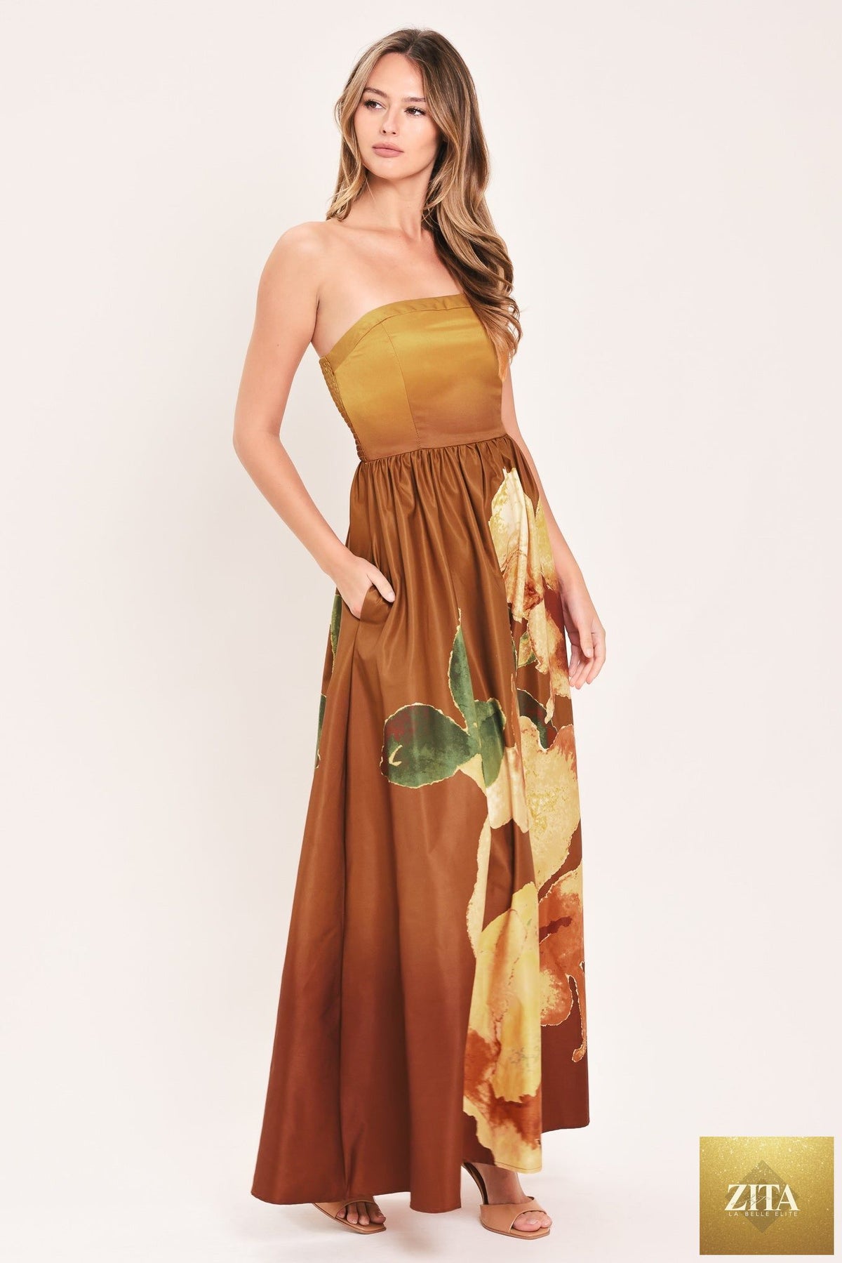 Rust-colored Golden Rose Afterglow woven maxi dress by Flying Tomato, featuring a flowing, textured fabric with a relaxed fit.