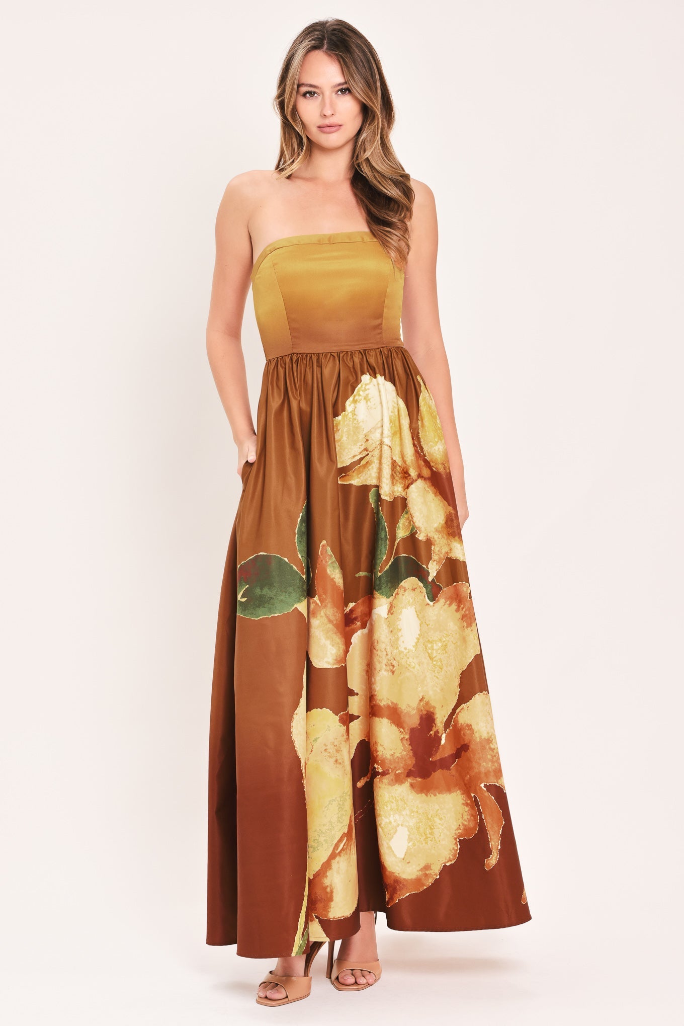 Rust-colored Golden Rose Afterglow woven maxi dress by Flying Tomato, flowing fabric and intricate woven details.